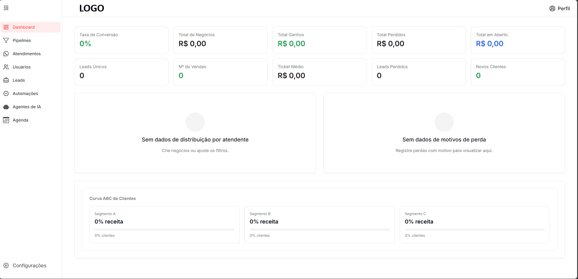 Dashboard e telas principais da plataforma CRM SaaS multi-tenant.