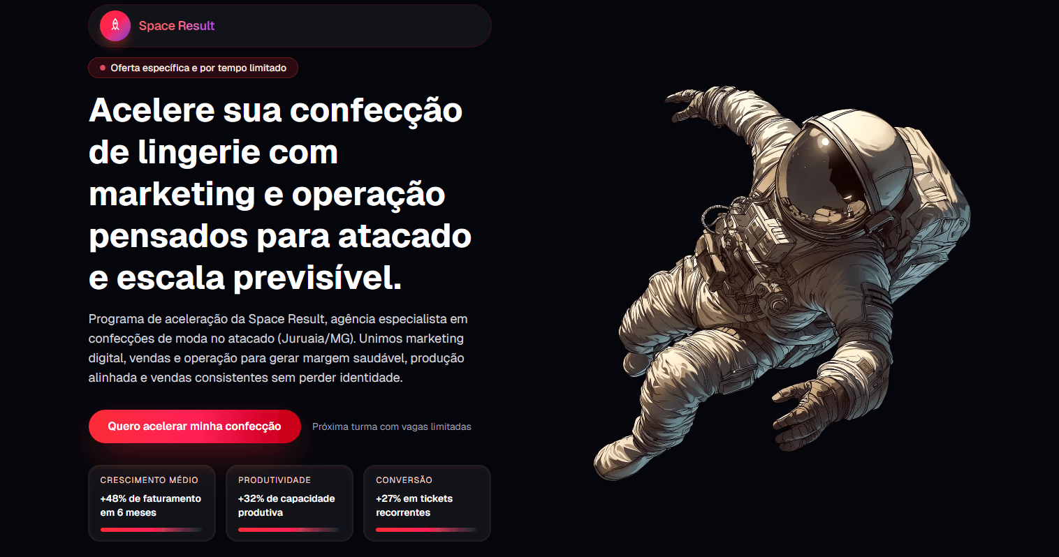 Screenshot da landing page em vermelho e preto da oferta de aceleração de confecções de lingerie da Space Result.